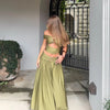 Sexy Olive Green Maxi Skirt Two Piece Set Women Y2k Pleated Off Shoulder Crop Top High Waist Metal Buckle Beach Vacation Outfits