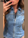 Fashion Zipper Denim Shirts Women's Slim Turn-down Collar Waist-cinching Short Sleeve Blouses 2026 Summer Ladies New Streetwear