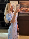 Pearl Button Floral Long Dress Woman Lapel Short Bubble Sleeve Waist Cinched Print Slim Dresses Elegant Fashion Lady's New Dress
