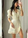 Floral Print V-neck Mini Dress Women Chic Half Sleeves High Waist Ruffle Slim Fit Short Dresses 2026 Lady Summer Vacation Wear