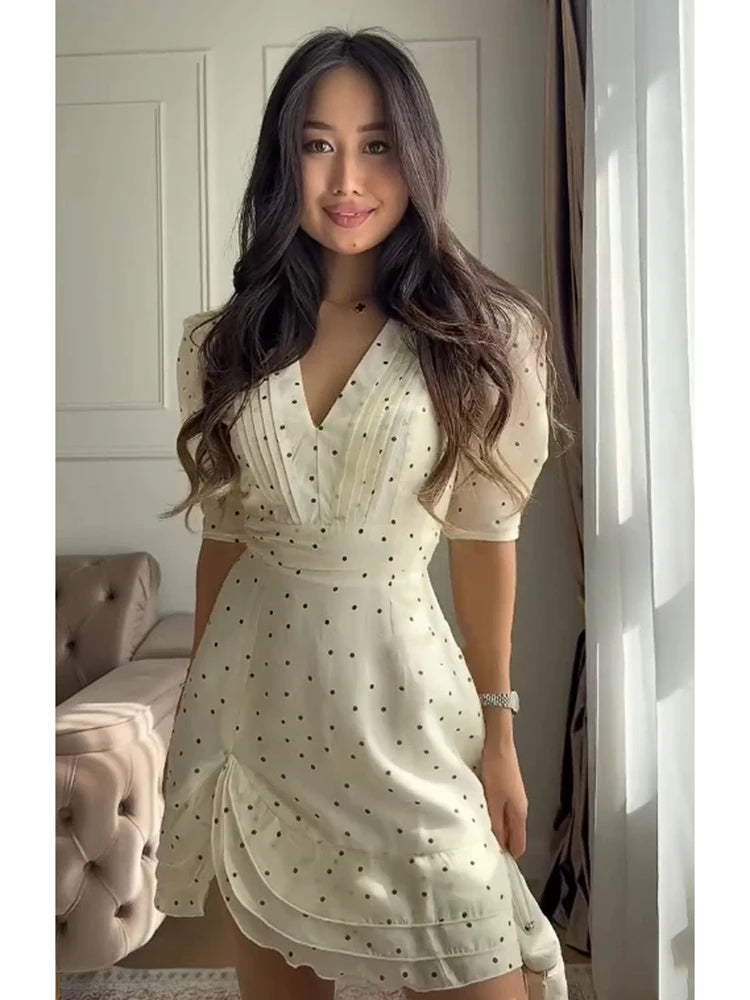 Floral Print V-neck Mini Dress Women Chic Half Sleeves High Waist Ruffle Slim Fit Short Dresses 2026 Lady Summer Vacation Wear