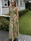 Women Green Floral Print Dress Halter Mock Neck Sleeveless Design Ruched Wrap Waist Flowy Long Skirt Summer Daily Vacation Wear