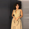 Chic Khaki Pleated Maxi Dress Women Sleeveless Button Front Ruched Waist A-line Loose Fit Casual Daily Wear Dress