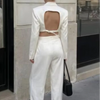 Fashion Solid Satin Blazer Pants Set Women Lapel Backless Short Jacket Mid Rise Balloon Wide Leg Pant 2026 New Lady Casual Wear
