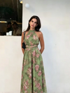 Women Green Floral Print Dress Halter Mock Neck Sleeveless Design Ruched Wrap Waist Flowy Long Skirt Summer Daily Vacation Wear