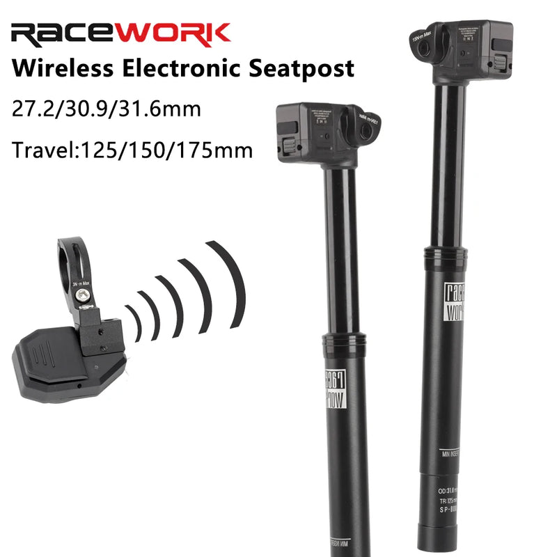 RACEWORK Wireless Dropper Seatpost IP67 Waterproof Rechargeable Automatic Lifting Travel 125/150/175mm Smart Electric Seatpost