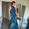 Women's Elegant Blue Watercolor Print Maxi Dress Sleeveless Cowl Neck Satin Formal Evening Gown A-line Floor Length Party Dress