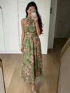 Women Green Floral Print Dress Halter Mock Neck Sleeveless Design Ruched Wrap Waist Flowy Long Skirt Summer Daily Vacation Wear