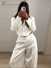 Fashion Solid Satin Blazer Pants Set Women Lapel Backless Short Jacket Mid Rise Balloon Wide Leg Pant 2026 New Lady Casual Wear