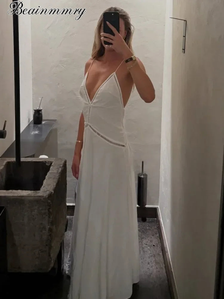 Elegant Deep V-neck Backless Long Dress Women Solid Spaghetti Strap Sleeveless Sling Dresses 2026 Lady Holiday Party Vestidos