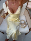 Butter Yellow Women Satin Slip Maxi Dress Elegant Spaghetti Strap A-line V Neck Waist-cinching Summer Lady Formal Evening Gown