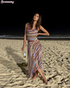 2026 Women Colorful Wavy Striped Maxi Dress Chic Swinging Collar Sleeveless Slim Waist Holiday Dresses Summer Lady Vacation Robe