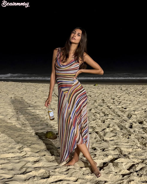2026 Women Colorful Wavy Striped Maxi Dress Chic Swinging Collar Sleeveless Slim Waist Holiday Dresses Summer Lady Vacation Robe