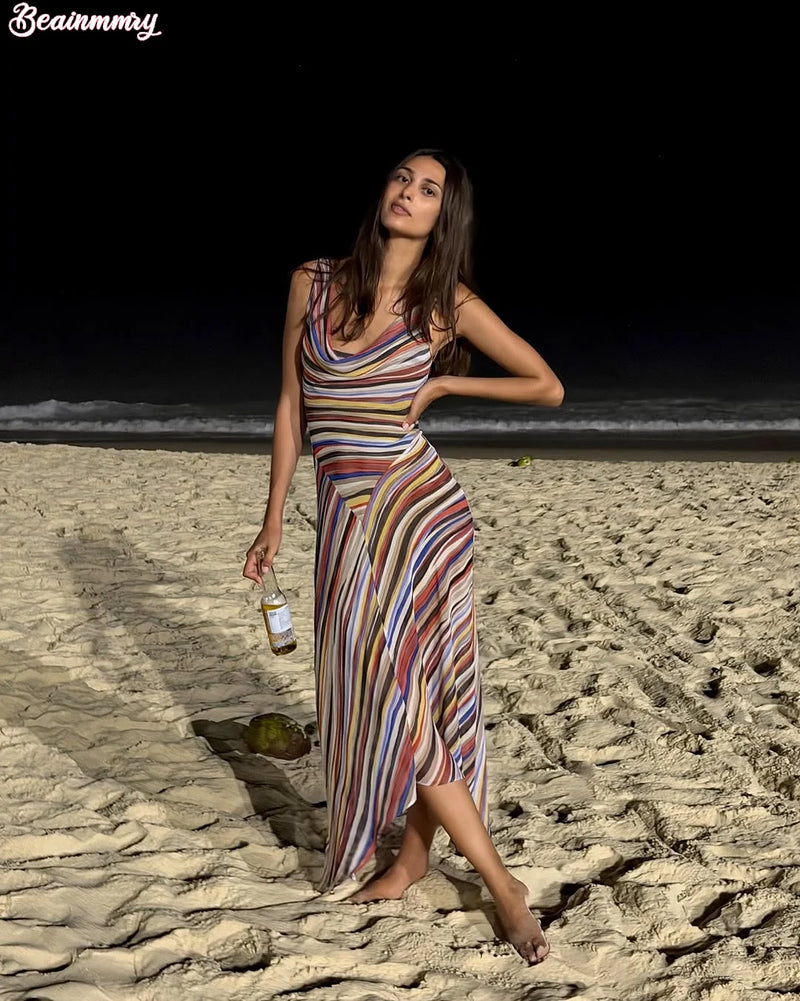 2026 Women Colorful Wavy Striped Maxi Dress Chic Swinging Collar Sleeveless Slim Waist Holiday Dresses Summer Lady Vacation Robe