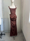 Butter Yellow Women Satin Slip Maxi Dress Elegant Spaghetti Strap A-line V Neck Waist-cinching Summer Lady Formal Evening Gown