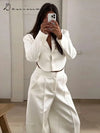Fashion Solid Satin Blazer Pants Set Women Lapel Backless Short Jacket Mid Rise Balloon Wide Leg Pant 2026 New Lady Casual Wear