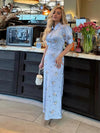 Pearl Button Floral Long Dress Woman Lapel Short Bubble Sleeve Waist Cinched Print Slim Dresses Elegant Fashion Lady's New Dress