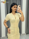 Solid Knit Hollow Out Maxi Dress Women Chic Short Sleeve Hollow Out Single Breasted Bodycon Dresses 2026 Lady Daily Commute Robe