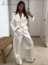 Fashion Solid Satin Blazer Pants Set Women Lapel Backless Short Jacket Mid Rise Balloon Wide Leg Pant 2026 New Lady Casual Wear