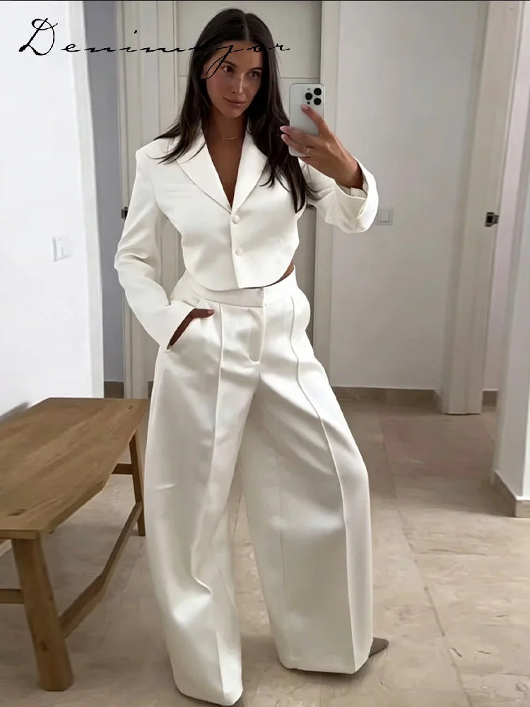 Fashion Solid Satin Blazer Pants Set Women Lapel Backless Short Jacket Mid Rise Balloon Wide Leg Pant 2026 New Lady Casual Wear