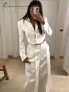 Fashion Solid Satin Blazer Pants Set Women Lapel Backless Short Jacket Mid Rise Balloon Wide Leg Pant 2026 New Lady Casual Wear