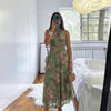 Women Green Floral Print Dress Halter Mock Neck Sleeveless Design Ruched Wrap Waist Flowy Long Skirt Summer Daily Vacation Wear