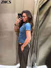 Fashion Zipper Denim Shirts Women's Slim Turn-down Collar Waist-cinching Short Sleeve Blouses 2026 Summer Ladies New Streetwear