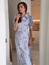 Pearl Button Floral Long Dress Woman Lapel Short Bubble Sleeve Waist Cinched Print Slim Dresses Elegant Fashion Lady's New Dress
