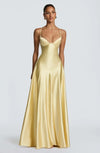 Butter Yellow Women Satin Slip Maxi Dress Elegant Spaghetti Strap A-line V Neck Waist-cinching Summer Lady Formal Evening Gown