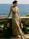 Women Green Floral Print Dress Halter Mock Neck Sleeveless Design Ruched Wrap Waist Flowy Long Skirt Summer Daily Vacation Wear