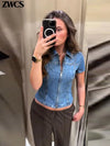 Fashion Zipper Denim Shirts Women's Slim Turn-down Collar Waist-cinching Short Sleeve Blouses 2026 Summer Ladies New Streetwear