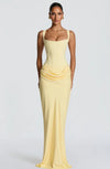 Butter Yellow Women Satin Slip Maxi Dress Elegant Spaghetti Strap A-line V Neck Waist-cinching Summer Lady Formal Evening Gown