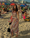 2026 Women Colorful Wavy Striped Maxi Dress Chic Swinging Collar Sleeveless Slim Waist Holiday Dresses Summer Lady Vacation Robe