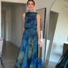 Women's Elegant Blue Watercolor Print Maxi Dress Sleeveless Cowl Neck Satin Formal Evening Gown A-line Floor Length Party Dress