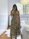 Women Green Floral Print Dress Halter Mock Neck Sleeveless Design Ruched Wrap Waist Flowy Long Skirt Summer Daily Vacation Wear