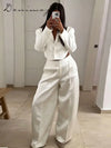 Fashion Solid Satin Blazer Pants Set Women Lapel Backless Short Jacket Mid Rise Balloon Wide Leg Pant 2026 New Lady Casual Wear