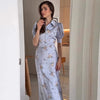 Pearl Button Floral Long Dress Woman Lapel Short Bubble Sleeve Waist Cinched Print Slim Dresses Elegant Fashion Lady's New Dress