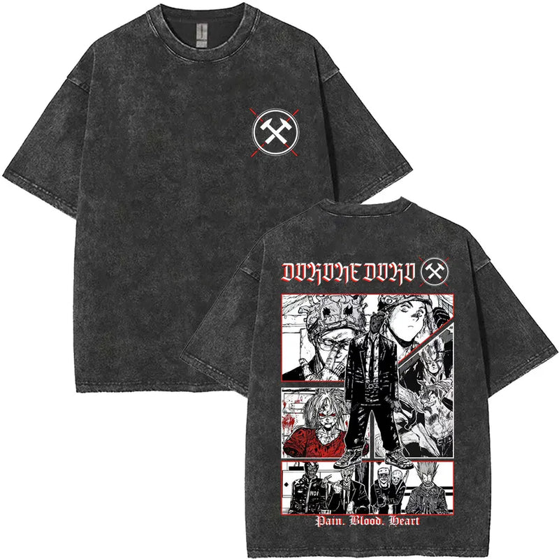 Vintage Anime Goth Streetwear Shirt with Distressed Manga Back Artwork
