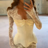 Women's Exquisite Lace Long Sleeve Corset Dress Chic V Neck Satin Bustier Mini Dresses 2026 Bachelorette Wedding Party Clothing