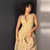 Chic Khaki Pleated Maxi Dress Women Sleeveless Button Front Ruched Waist A-line Loose Fit Casual Daily Wear Dress