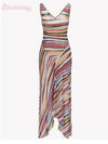 2026 Women Colorful Wavy Striped Maxi Dress Chic Swinging Collar Sleeveless Slim Waist Holiday Dresses Summer Lady Vacation Robe