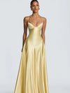 Butter Yellow Women Satin Slip Maxi Dress Elegant Spaghetti Strap A-line V Neck Waist-cinching Summer Lady Formal Evening Gown