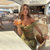 Sexy Olive Green Maxi Skirt Two Piece Set Women Y2k Pleated Off Shoulder Crop Top High Waist Metal Buckle Beach Vacation Outfits