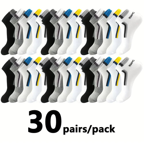 30 Pairs Men’s Ankle Socks – Breathable Mesh, Color-Block Athletic & Casual Low-Cut Socks