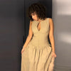 Chic Khaki Pleated Maxi Dress Women Sleeveless Button Front Ruched Waist A-line Loose Fit Casual Daily Wear Dress