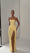Butter Yellow Women Satin Slip Maxi Dress Elegant Spaghetti Strap A-line V Neck Waist-cinching Summer Lady Formal Evening Gown