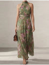 Women Green Floral Print Dress Halter Mock Neck Sleeveless Design Ruched Wrap Waist Flowy Long Skirt Summer Daily Vacation Wear