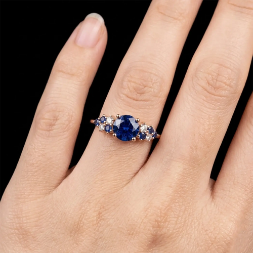 Round Blue Sapphire Cluster Ring