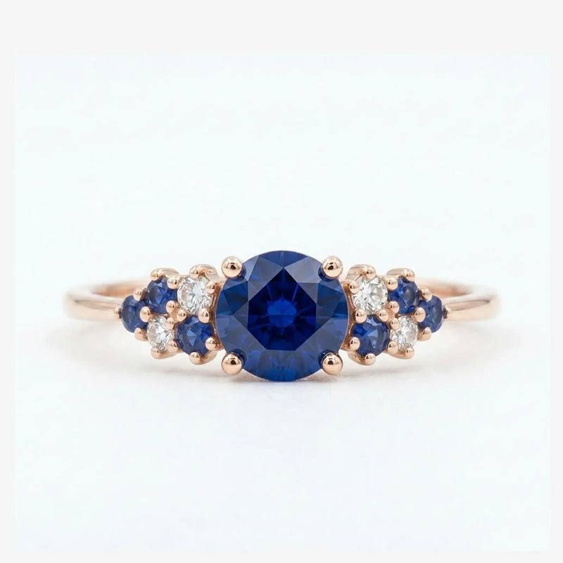 Round Blue Sapphire Cluster Ring